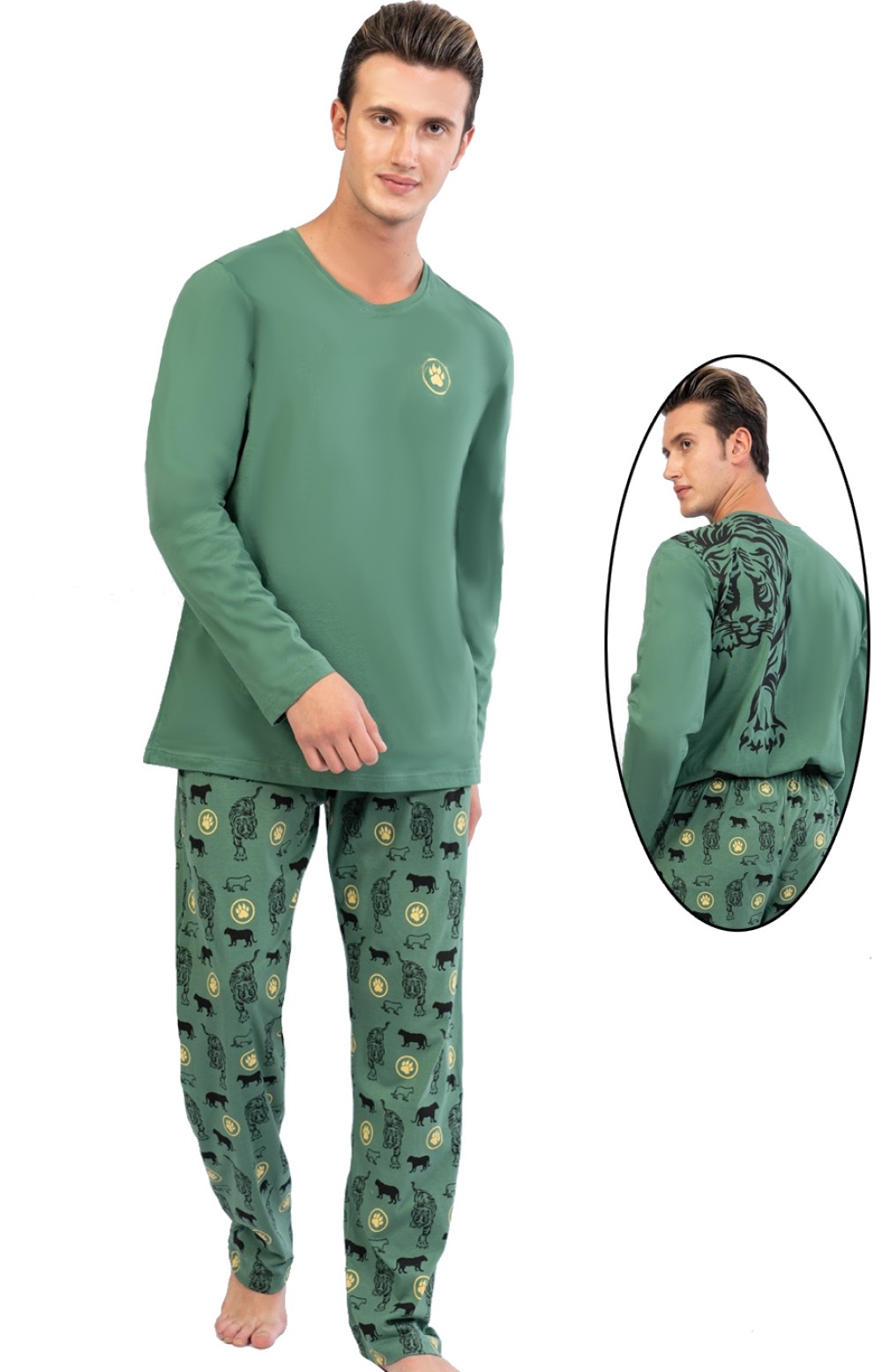 Zelené pyžamo pro muže Tlapky šelmy, bestie, tygři ZOO