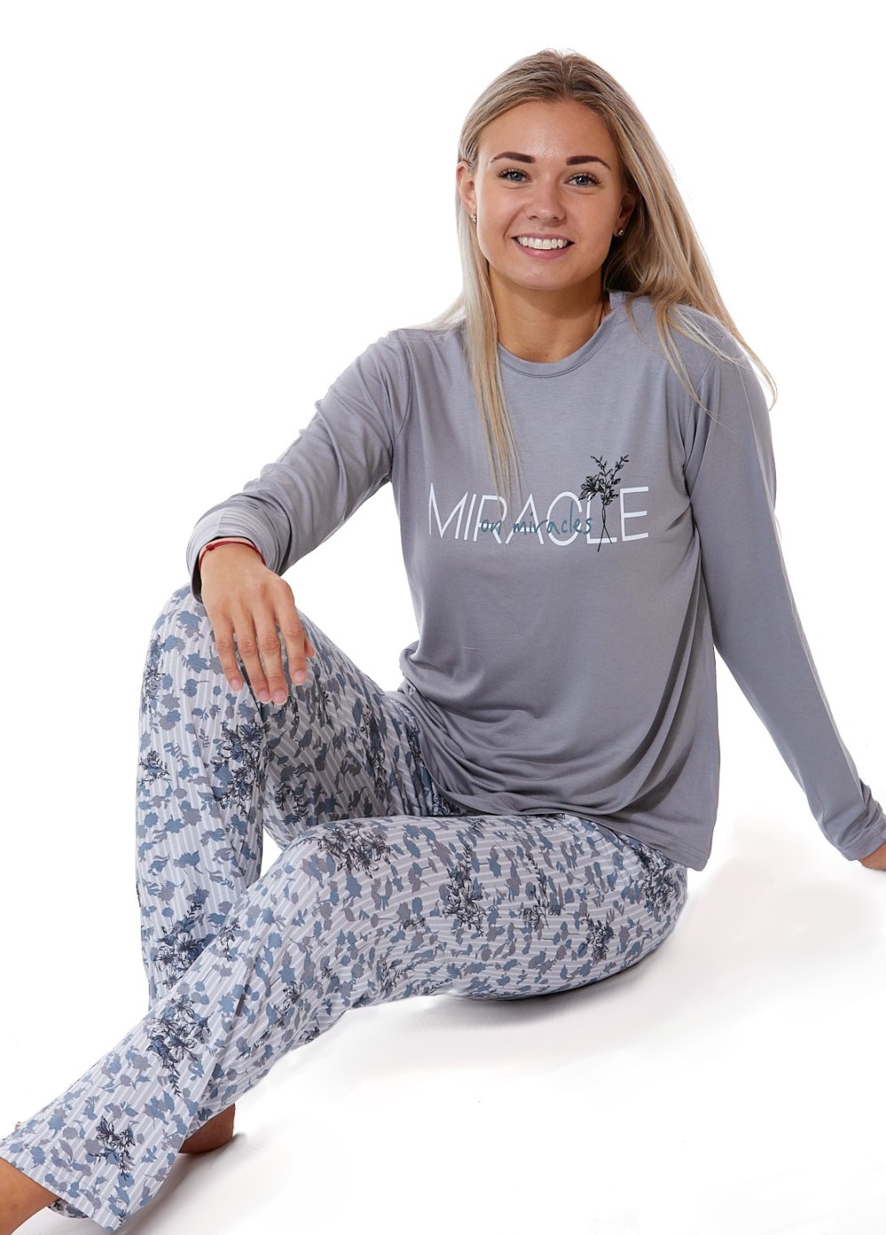 Šedé a pruhované i modře květované dámské luxusní jemnné pyžamo Miracles - Zázraky 1B1866