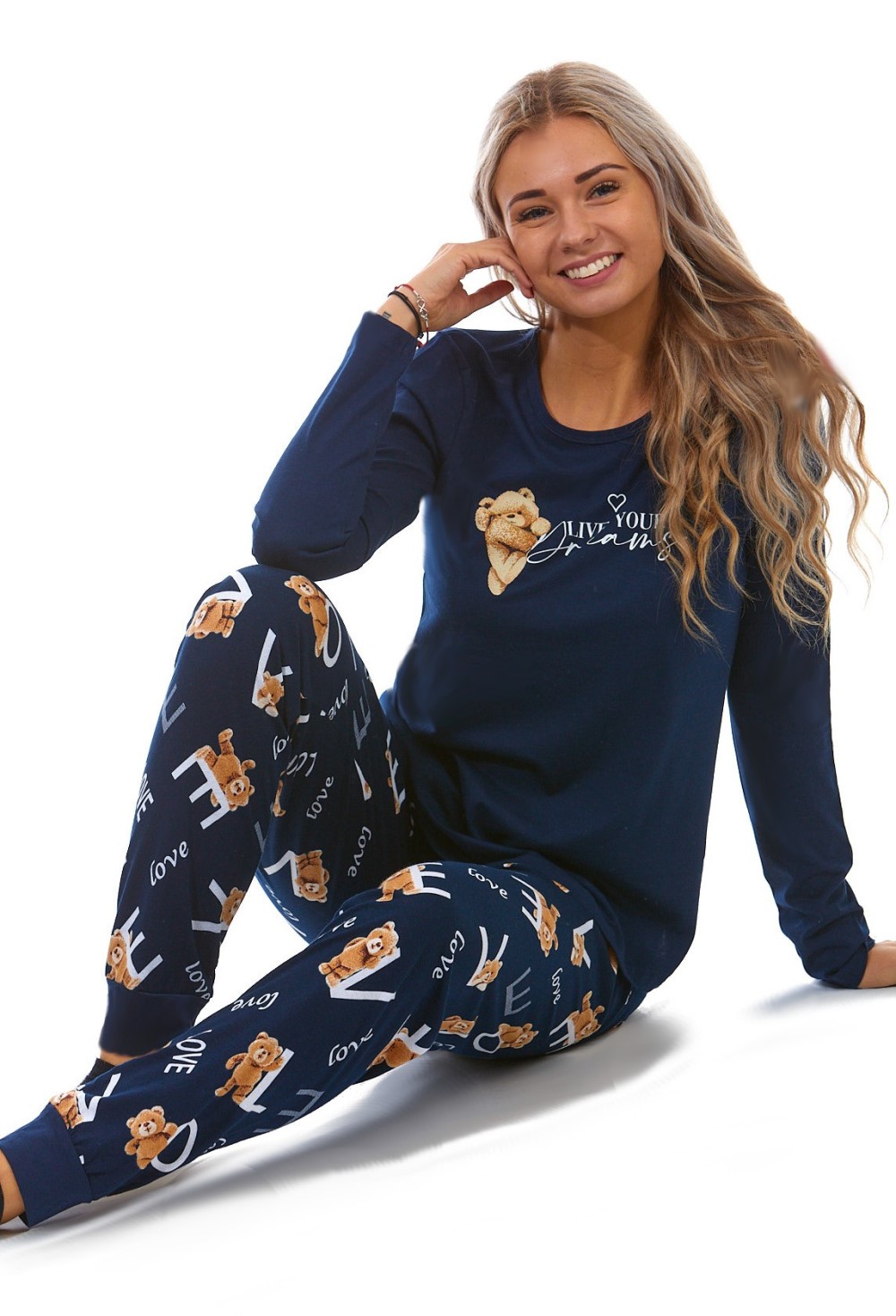 Modré i hnědé pyžamo pro ženy či slečny Plyšový medvídek LOVE 1B1864