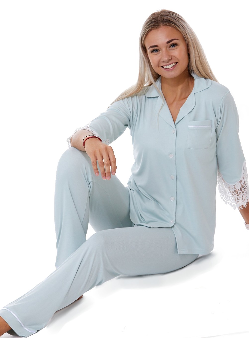 Šedo zelené pyžamo s bílou krajkou elegantní romantické celopropínací na knoflíky pro ženy