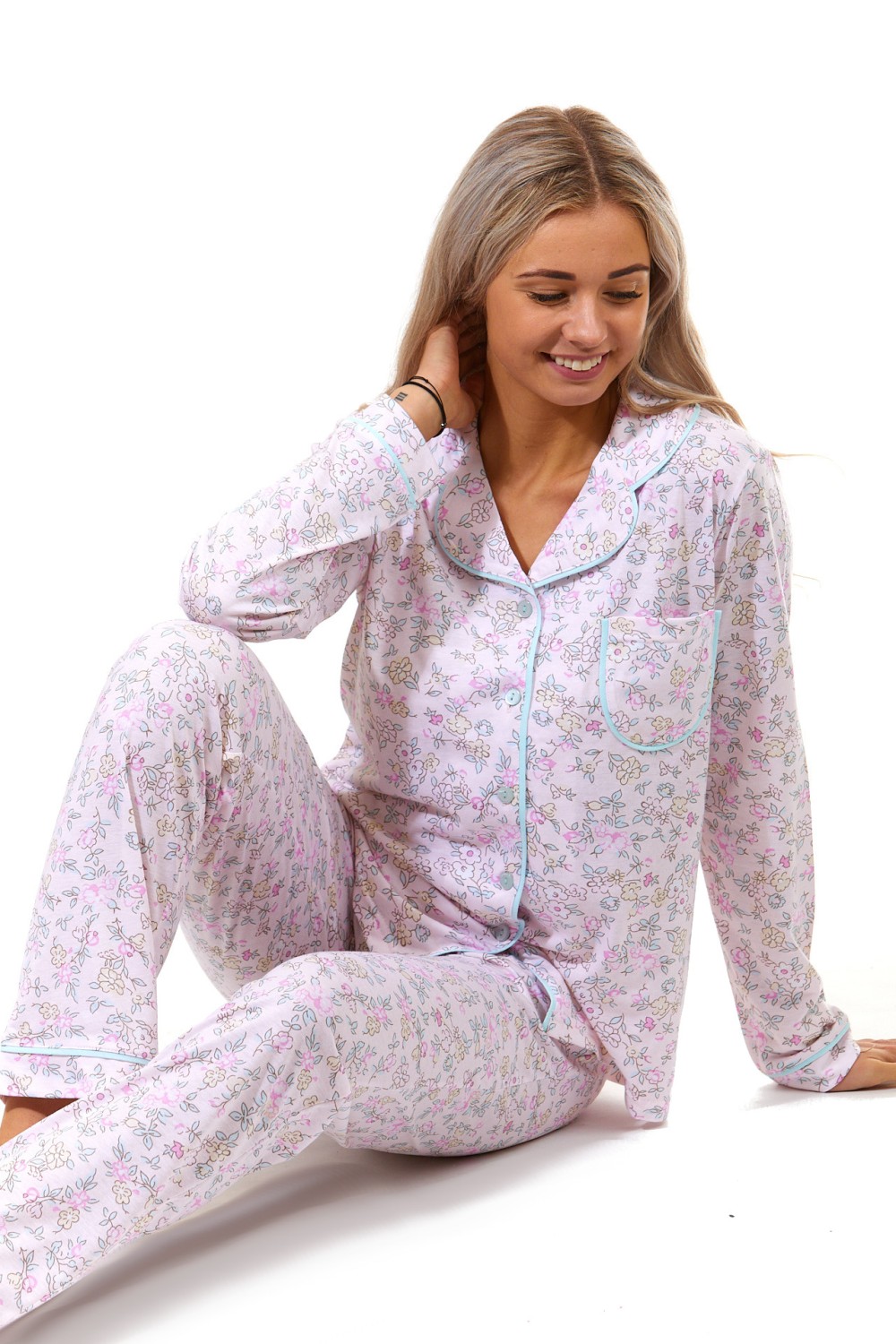 Růžové květované dámské pyžamo elegantní romantické celopropínací na knoflíky 1B1854