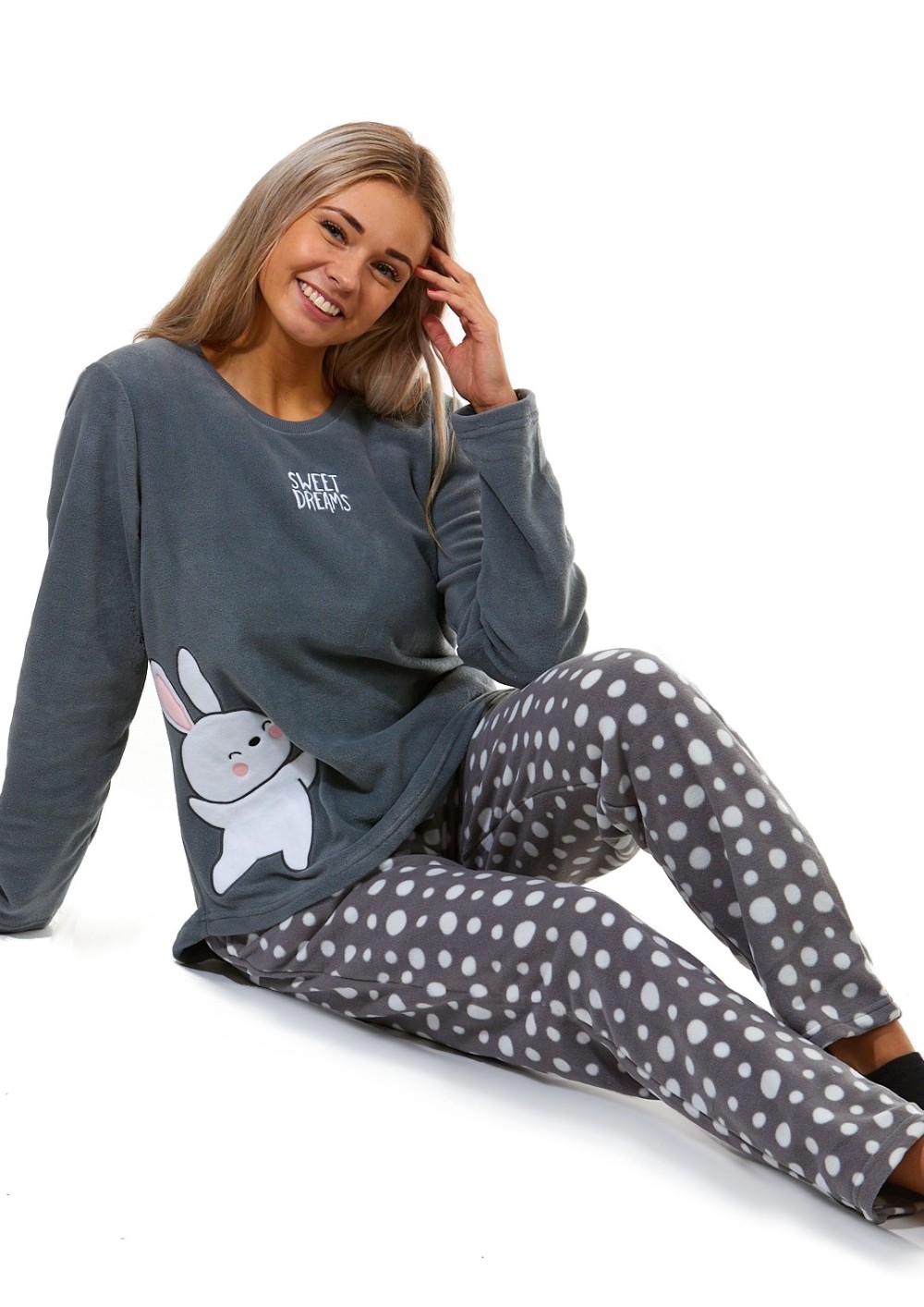 Šedé i bíle puntíkaté luxusní hřejivé pyžamo pro plnoštíhlé ženy, ušáček, králík, zajíc CUTE