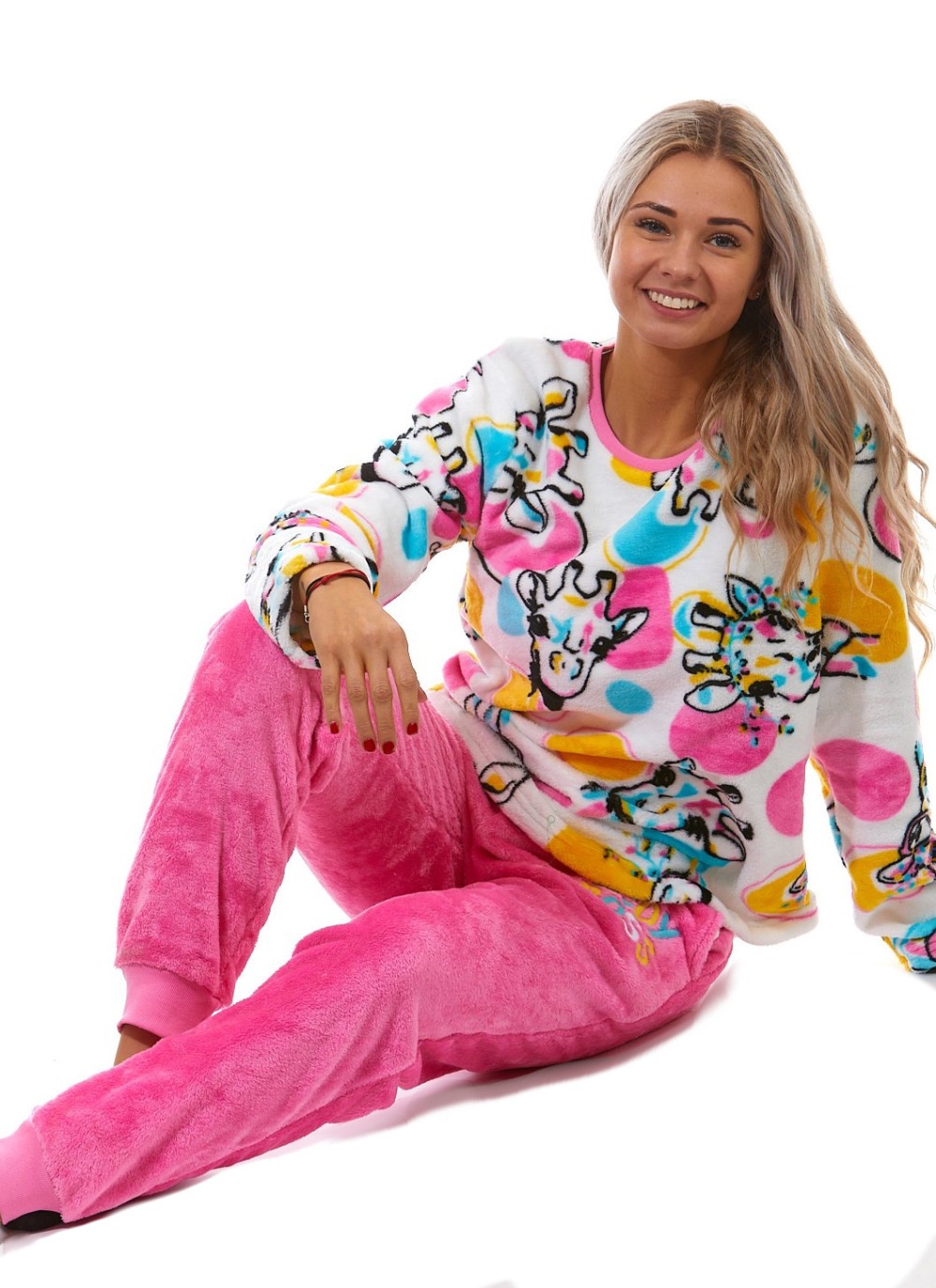 Růžové i duhově barevné extra teplé huňaté pyžamo pro ženy Lady Boss ŽIRAFY