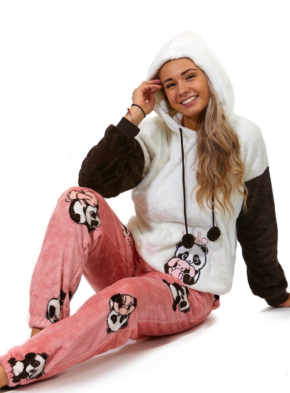 Bílé růžové, černé extra teplé huňaté pyžamo na zimu pro ženy s kapucí HELLO Zamilovaná panda