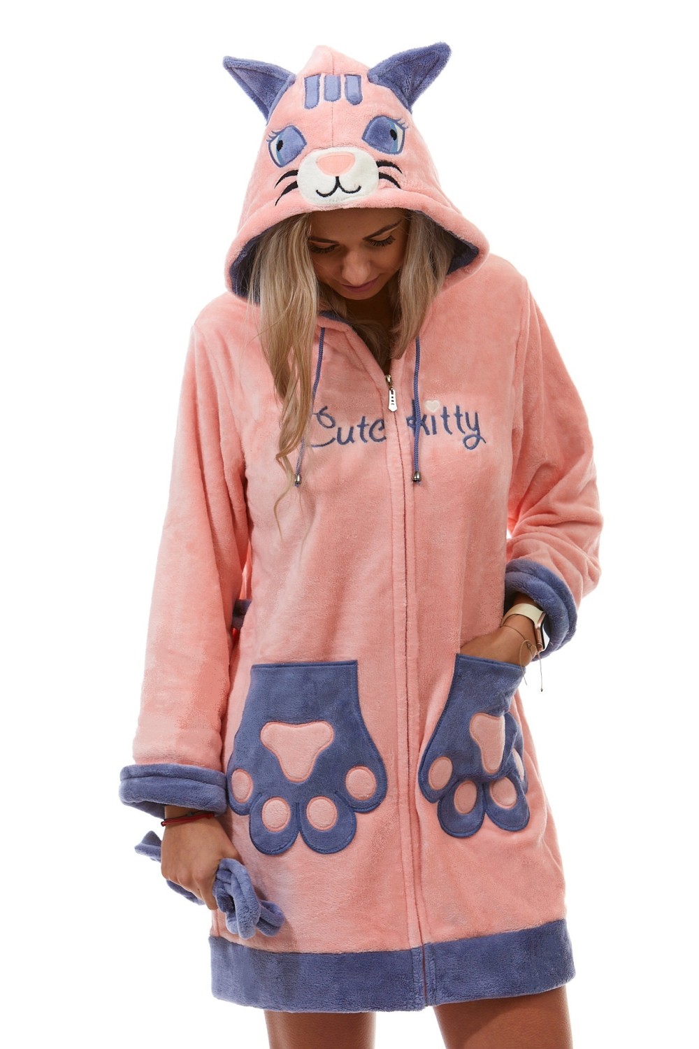 Růžový i modrý huňatý župan dámský na zip z bambusu KOČIČKA 1Z1530