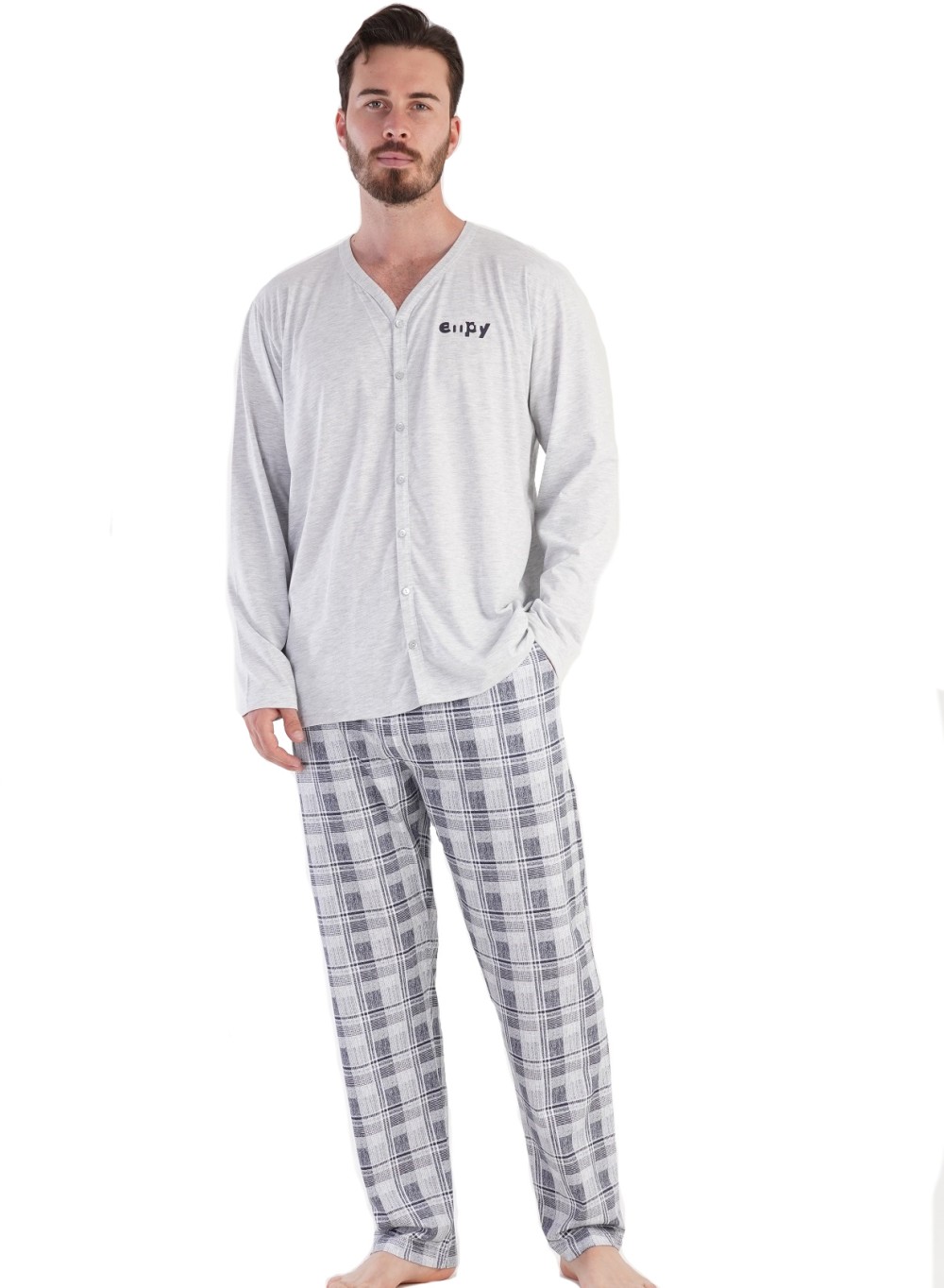 Šedé i modře kárované celopropínací na knoflíky pyžamo pro muže  epyc
