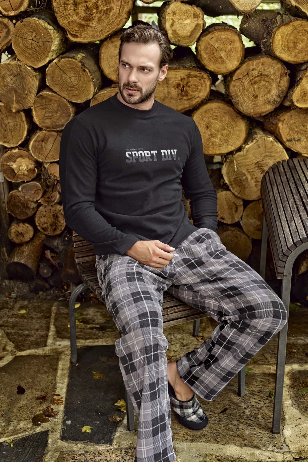 Černo šedé i šedě kárované hřejivé pánské pyžamo SPORT DIV.