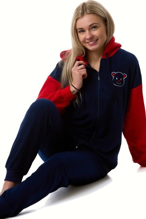 Tmavě modré a červené super hřejivé dámské pyžamo s kapucí na zip medvídek