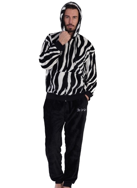 Černé i šedé huňaté extra TEPLÉ pánské pyžamo s kapucí zvířecí vzor ZEBRA