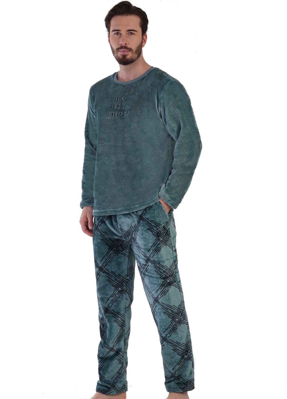 Zelené kárované huňaté extra TEPLÉ pánské pyžamo DO EPIC THINGS
