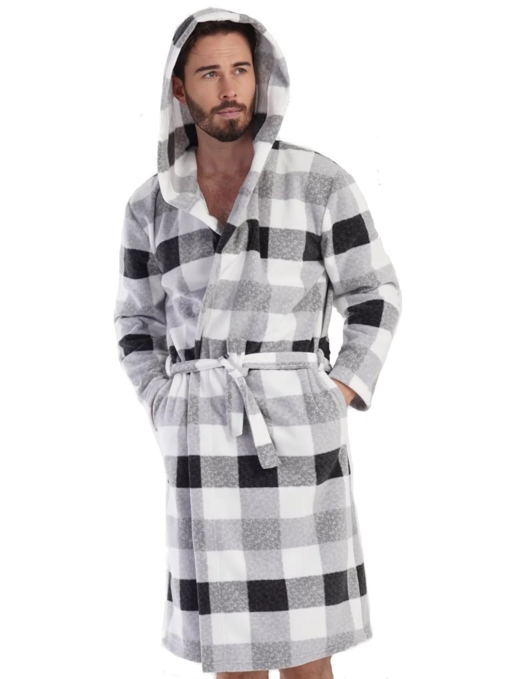 Šedý kostkovaný hřejivý pánský župan teplý fleece s kapucí 1z1594