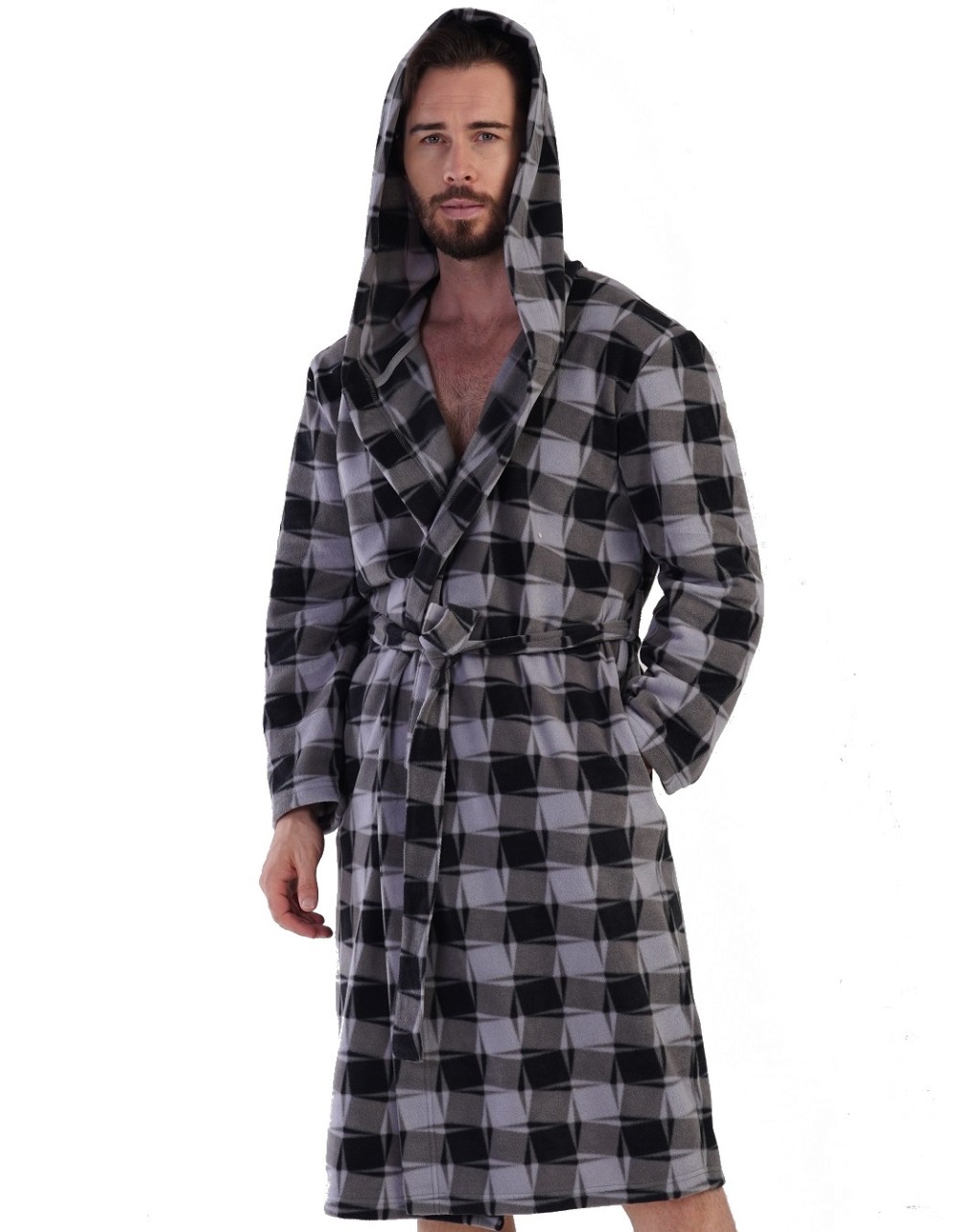 Šedý strakatý hřejivý pánský župan teplý fleece s kapucí