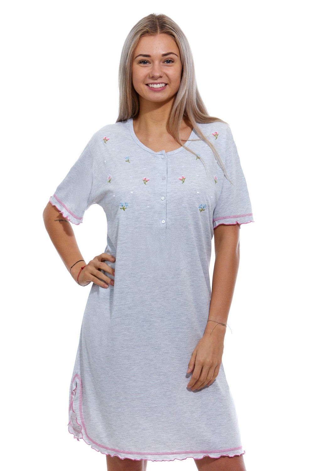 Šedá noční košilka pro plnoštíhlou ženu na knoflíky růžově lemovaná - KVÍTKO 1C3482