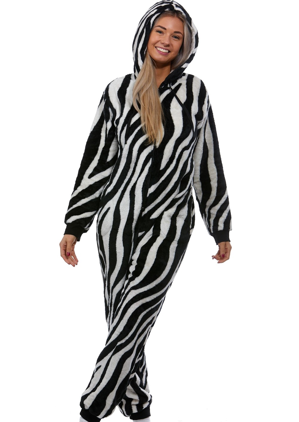 Černobílošedý extra TEPLÝ huňatý OVERAL pro ženy i dívky zvířecí vzor ZEBRA