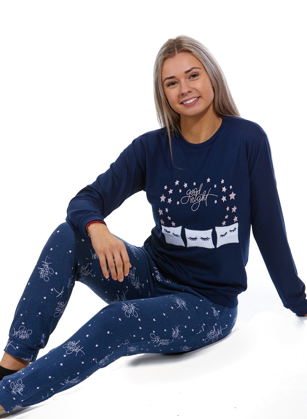 Modré hvězdičkové luxusní hřejivé dámské pyžamo DOOD NIGHT 1B1890