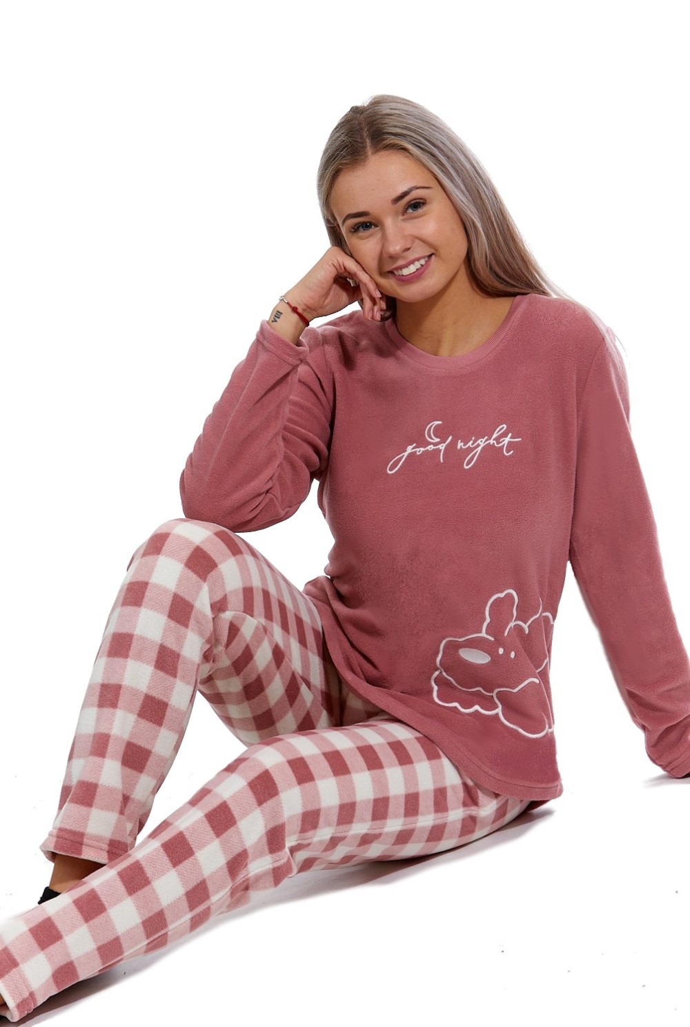Starorůžové kostkované luxusní hřejivé dámské pyžamo S PEJSKEM 1z1639
