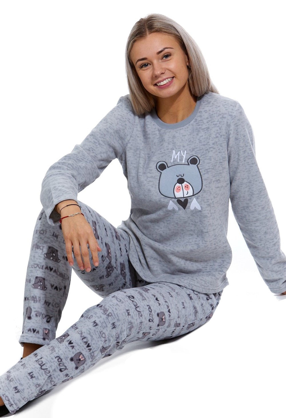 Šedé luxusní hřejivé dámské i dívčí pyžamo MEDVÍDEK LOVE