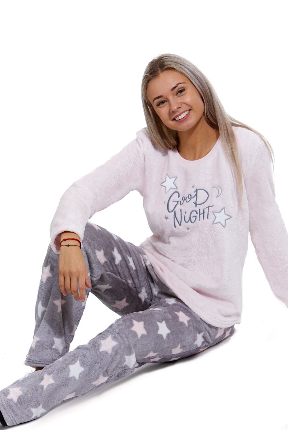 Růžové i šedé hvězdičkové extra teplé huňaté pyžamo na zimu pro ženy GOOD NIGHT 1Z1603