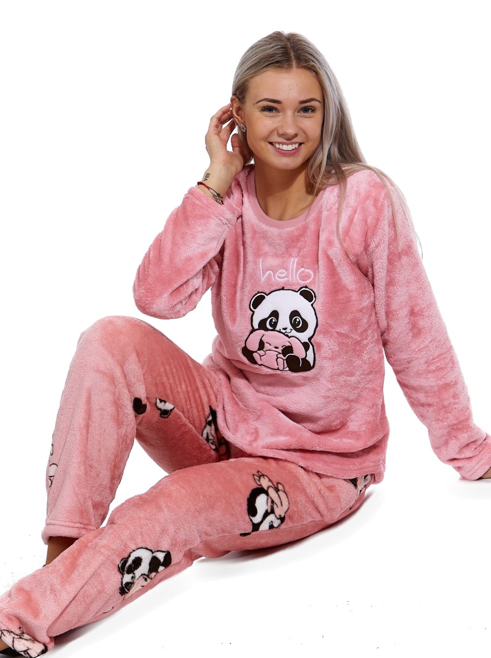 Růžové i černobílé extra teplé huňaté pyžamo na zimu pro ženy i dívky PANDA