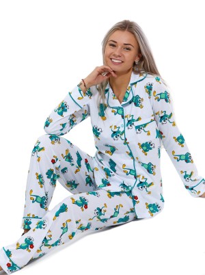 Bílé i zelené veselé elegantní celopropínací pyžamo na kojení ŽABÁCI A ŽABIČKY