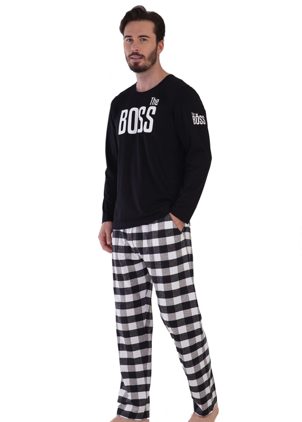 Černé i šedě a bíle kostkované pyžamo pro muže the BOSS 1P1589