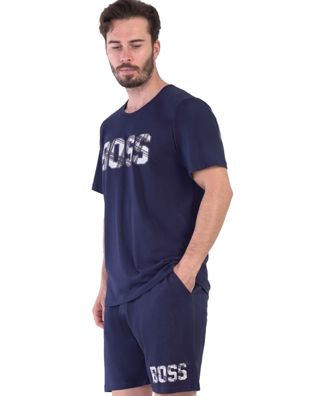 Tmavě modré pyžamo s kraťasy pro plnoštíhlé muže károvaný BOSS 1P1620