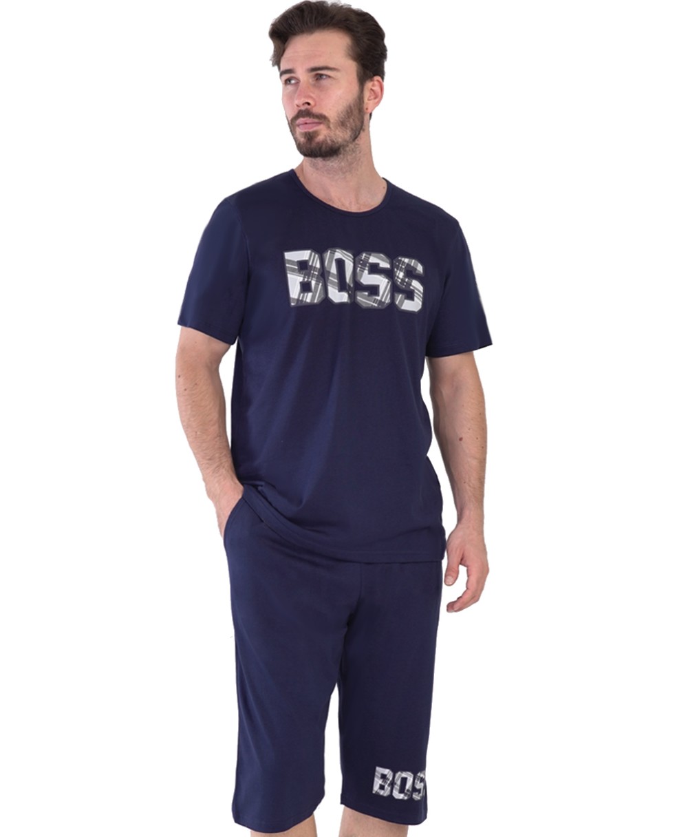 Tmavě modré capry pyžamo pro plnoštíhlé muže károvaný BOSS
