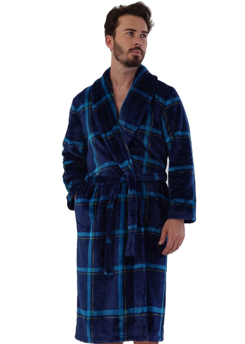 Modrý károvaný extra teplý župan pro muže