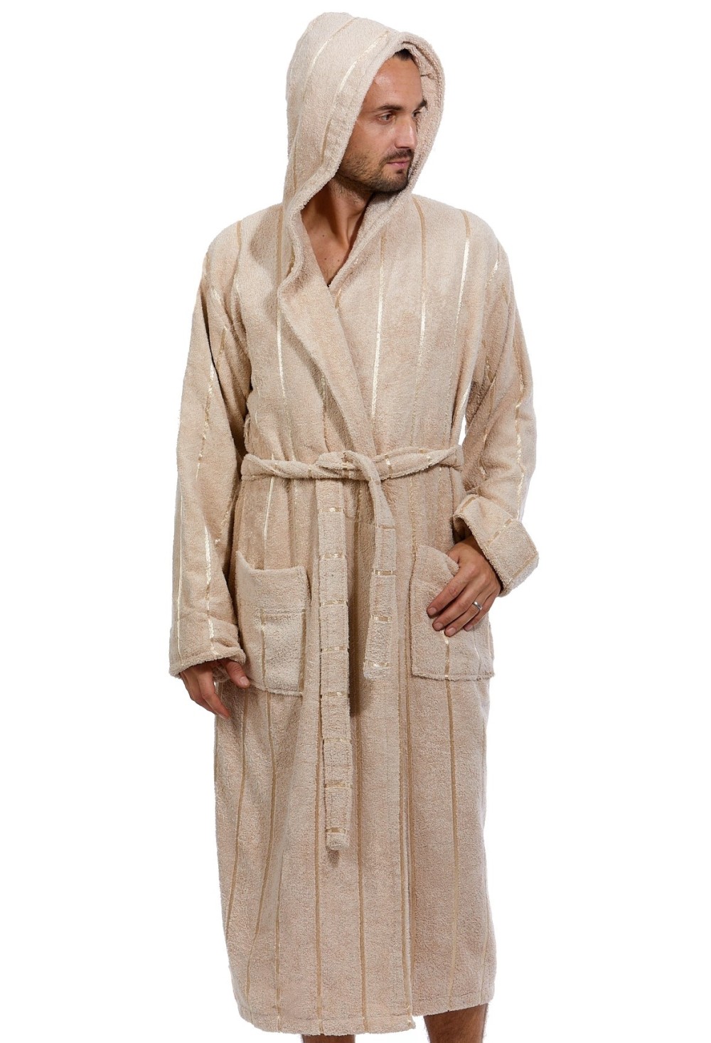 Béžový pruhovaný luxusní župan pro muže - Extra froté 