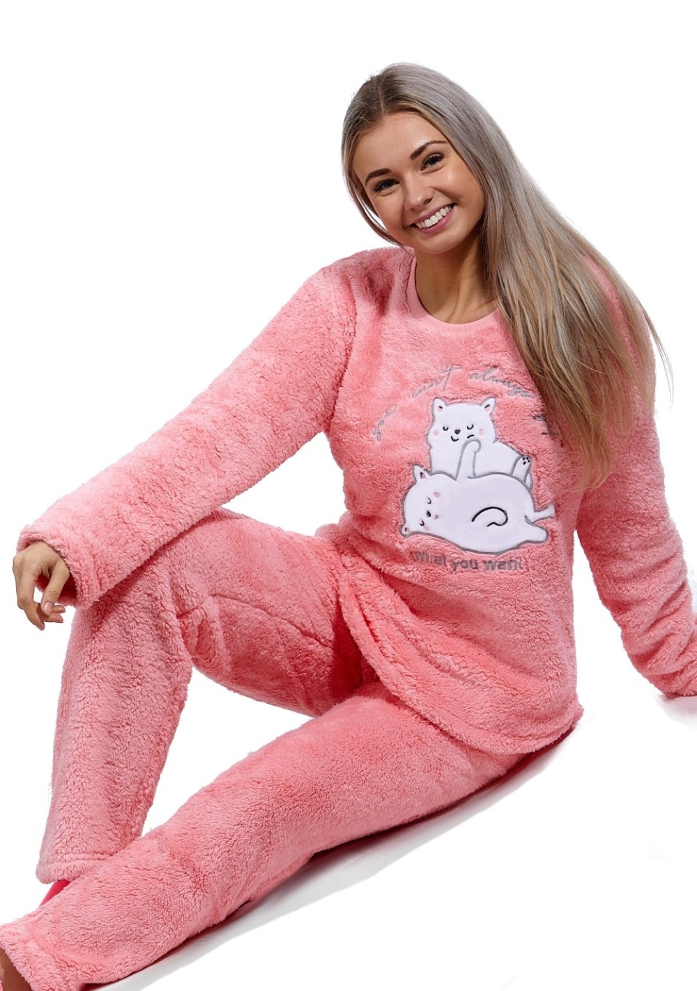 Růžové extra teplé huňaté pyžamo na zimu pro ženy BÍLÉ KOČKY