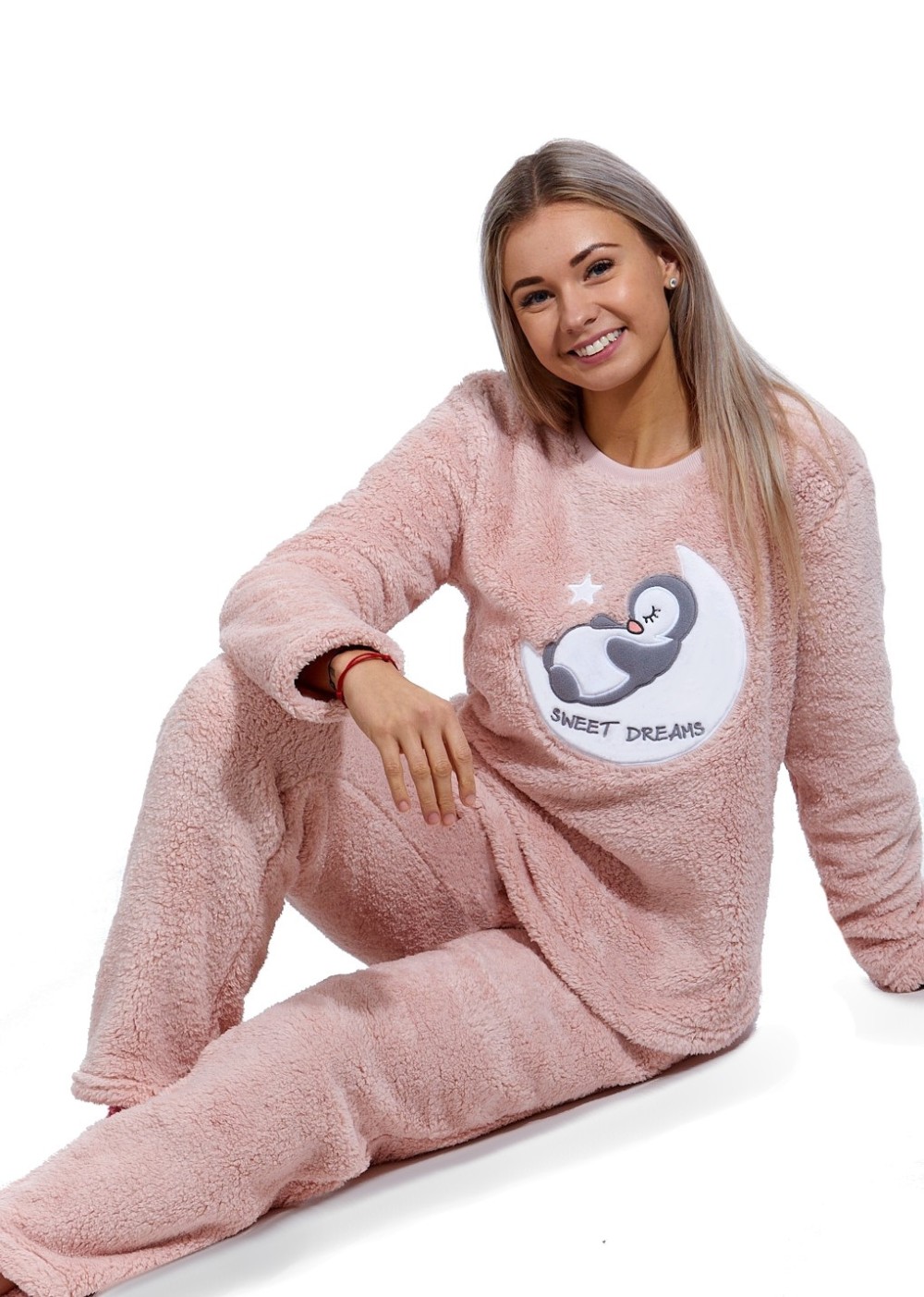  StarorůžovÉ extra teplé huňaté pyžamo dámské se spícím tučňákem na měsíci SLADKÉ SNY