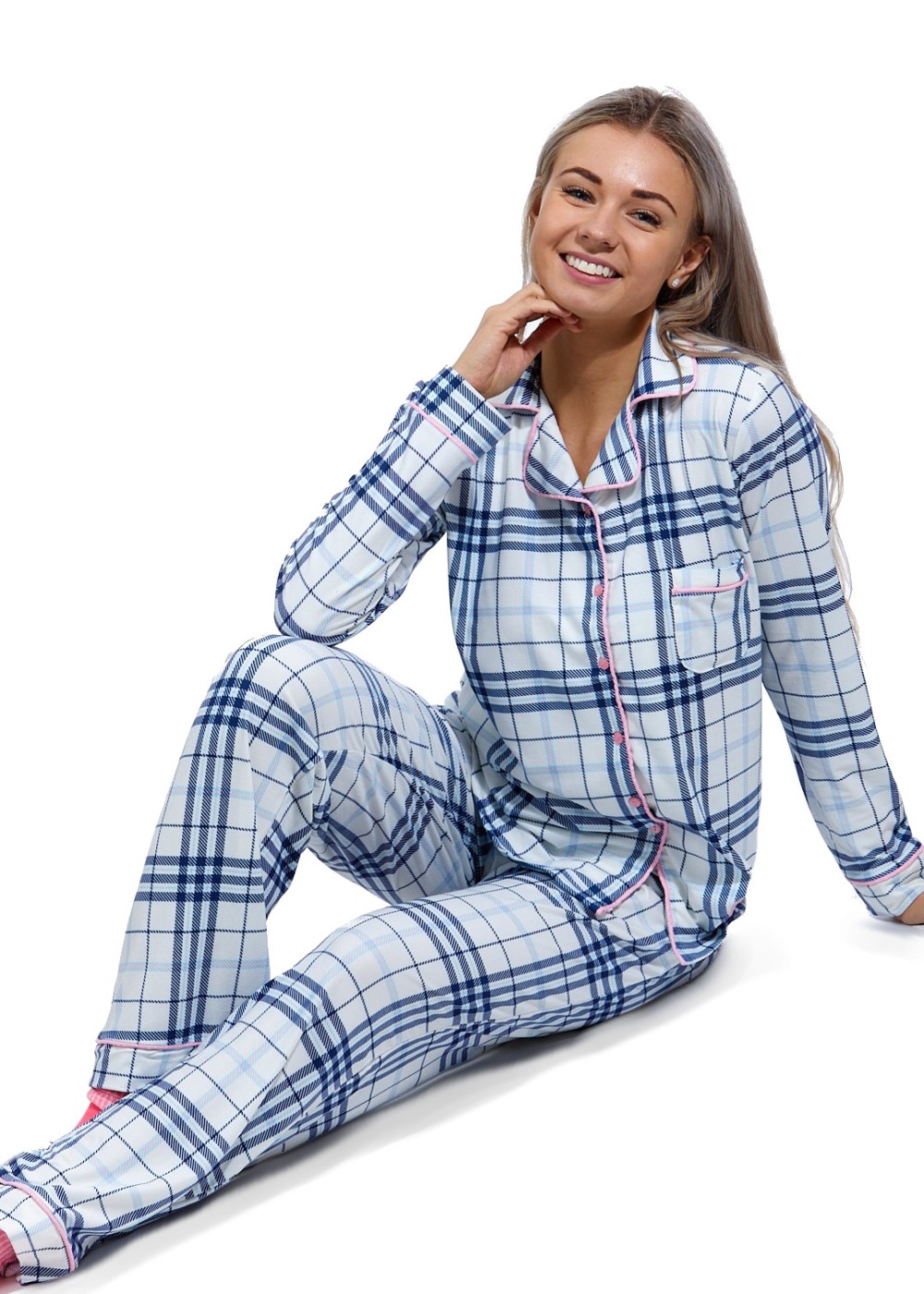 Bílé i modře kárované elegantní extra jemné pyžamo celopropínací pro ženy či dívky 