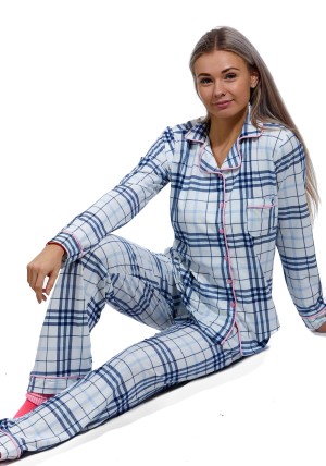 Bílé i modře kárované elegantní extra jemné pyžamo celopropínací na kojení už do porodnice