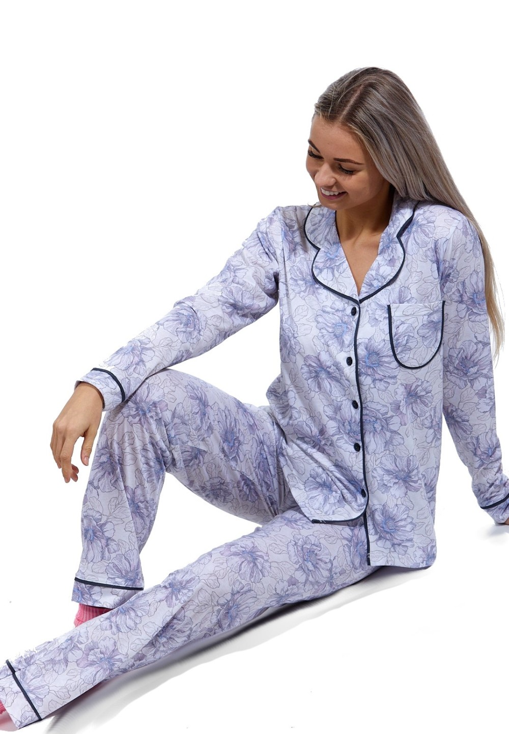 Šedé i modré elegantní pyžamo celopropínací pro ženy či dívky PŮVABNÉ KVĚTY