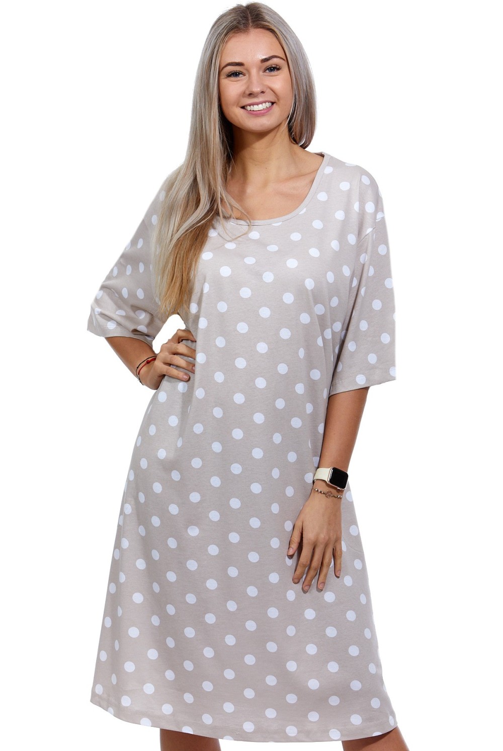 Béžová a bíle puntíkatá noční košilka pro ženy 5XL-7XL 1C3539