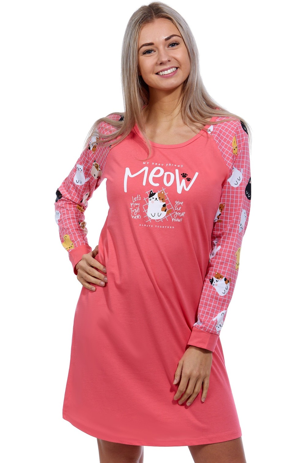 Růžová kočičí noční košilka s dlouhým rukávem MEOW 1C3534