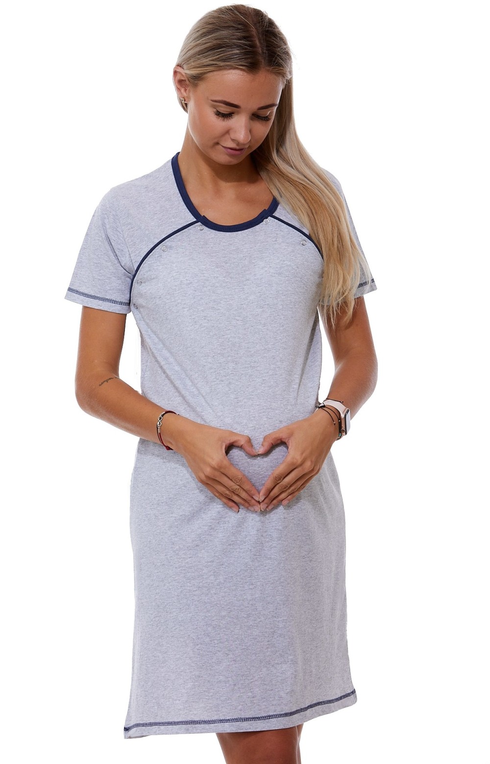 Šedá kojící noční košilka dvojpropínací na patentky modře lemovaná