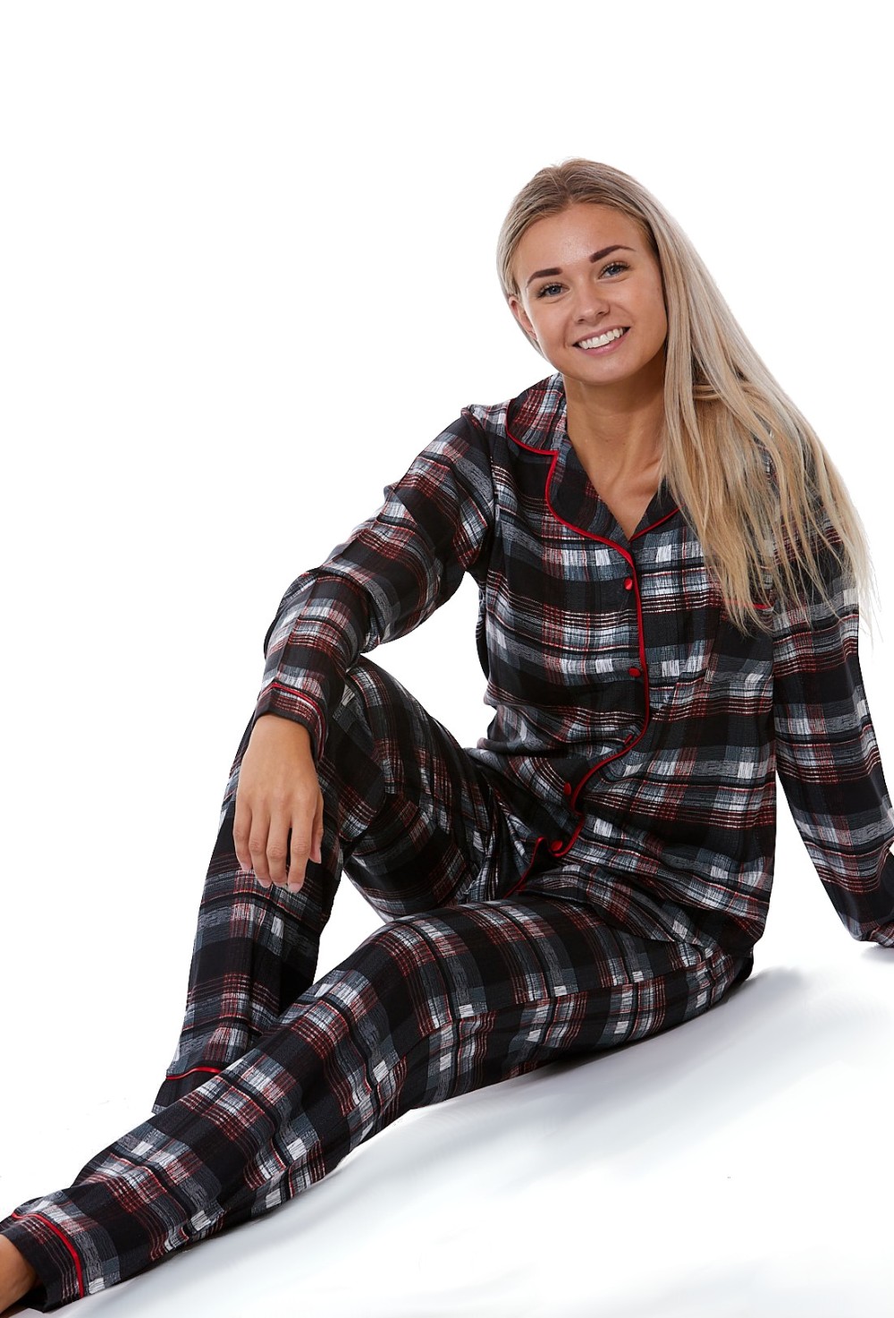 Černošedé i vínové a červené kárované elegantní pyžamo celopropínací pro ženy či dívky