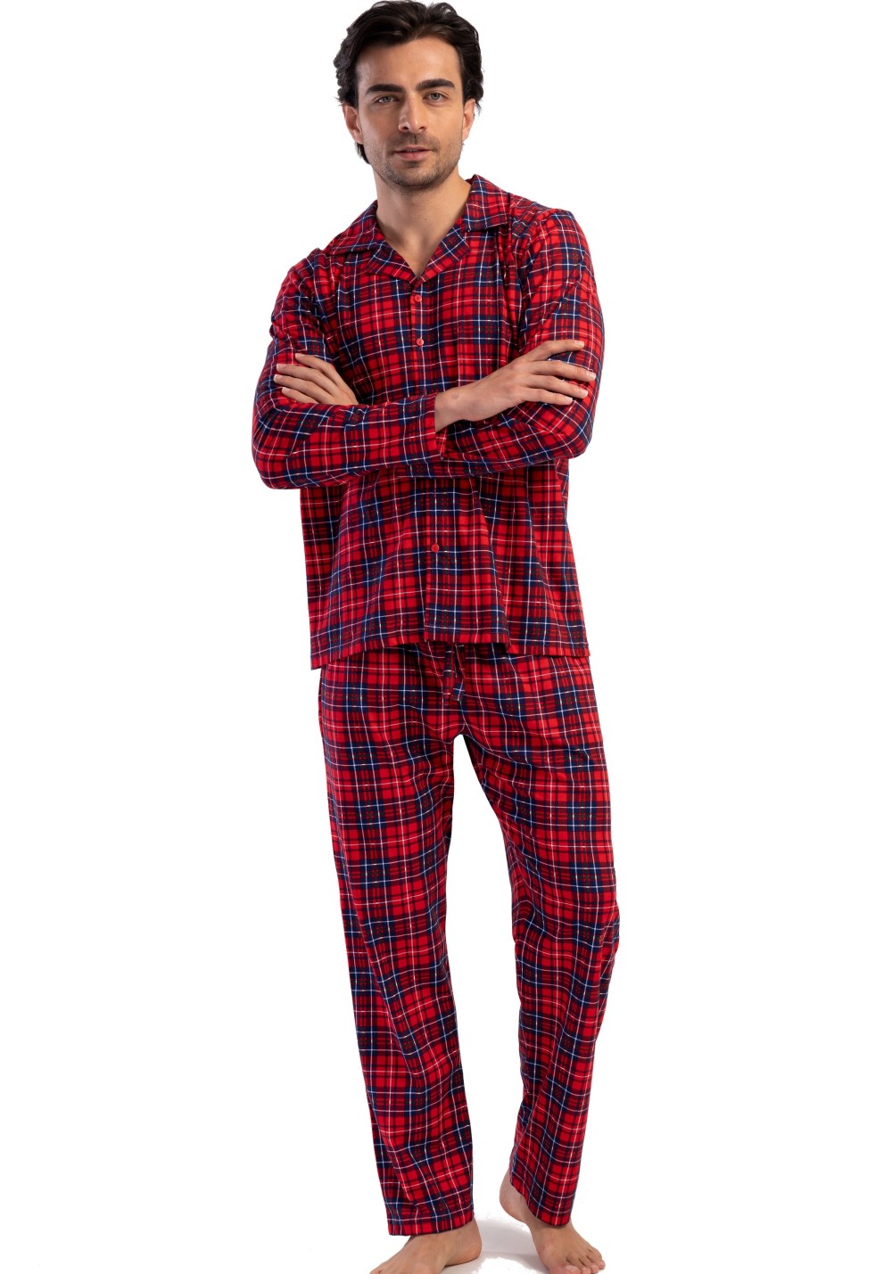 Červené kárované celopropínací elegantní pyžamo pro muže z měkké bavlny