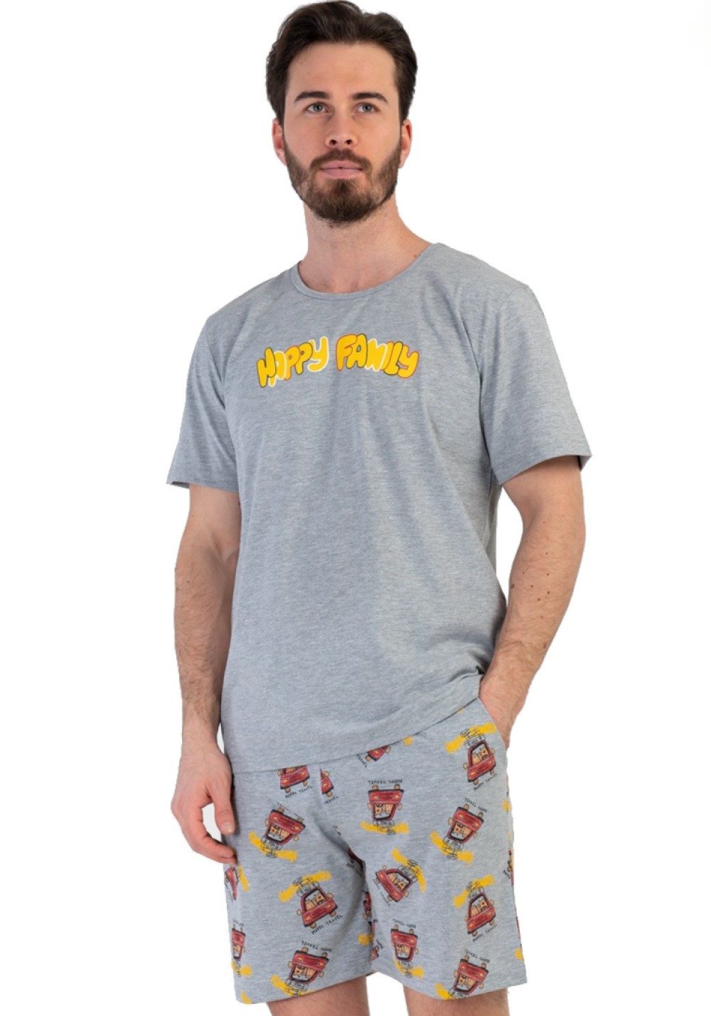 Šedé pyžamo pro muže s kraťasy vzor výletních autíček HAPPY FAMILY