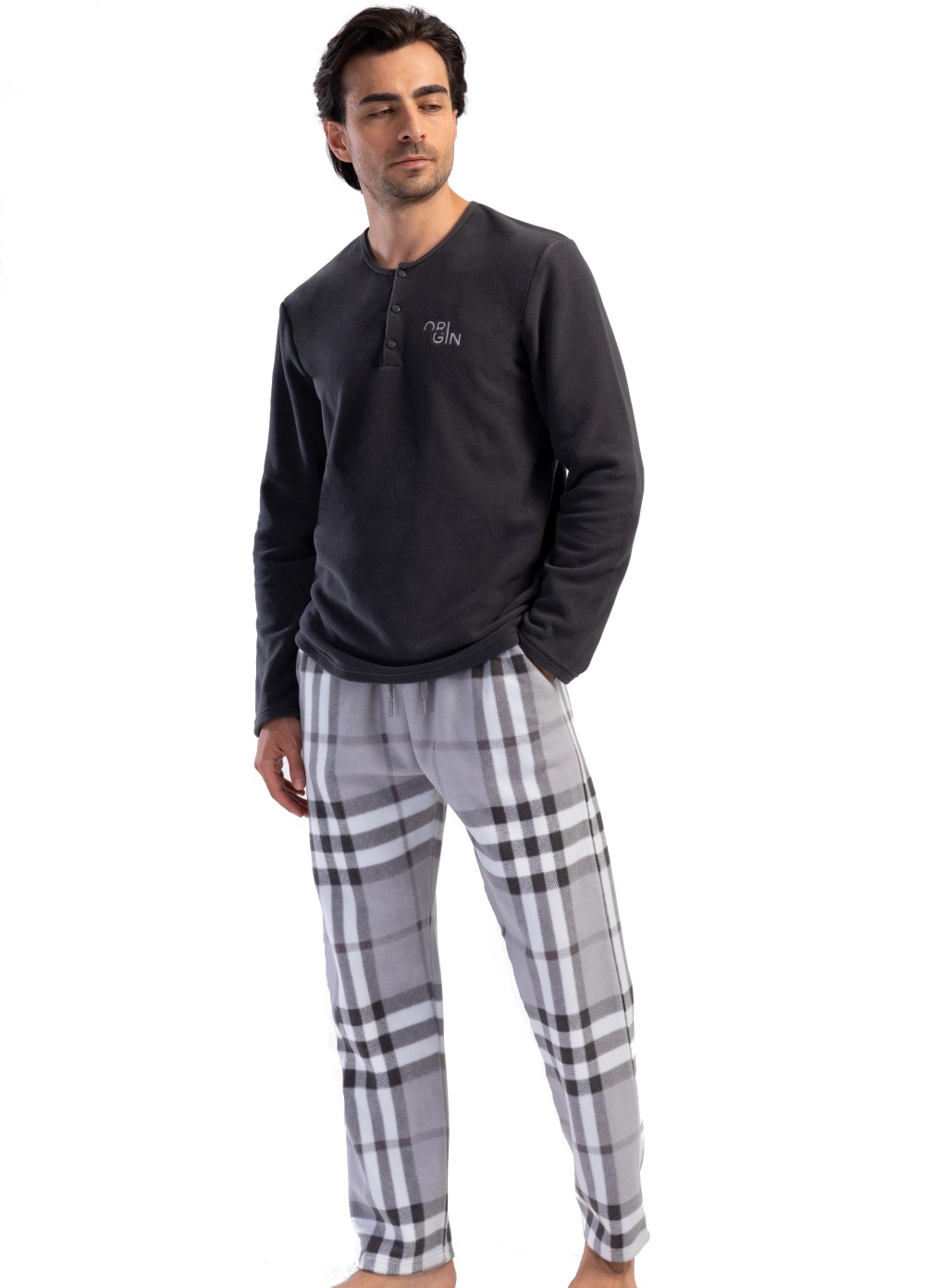 Šedé kárované EXTRA hřejivé elegantní pyžamo pro muže propínací u krku na knoflíky ARIGIN