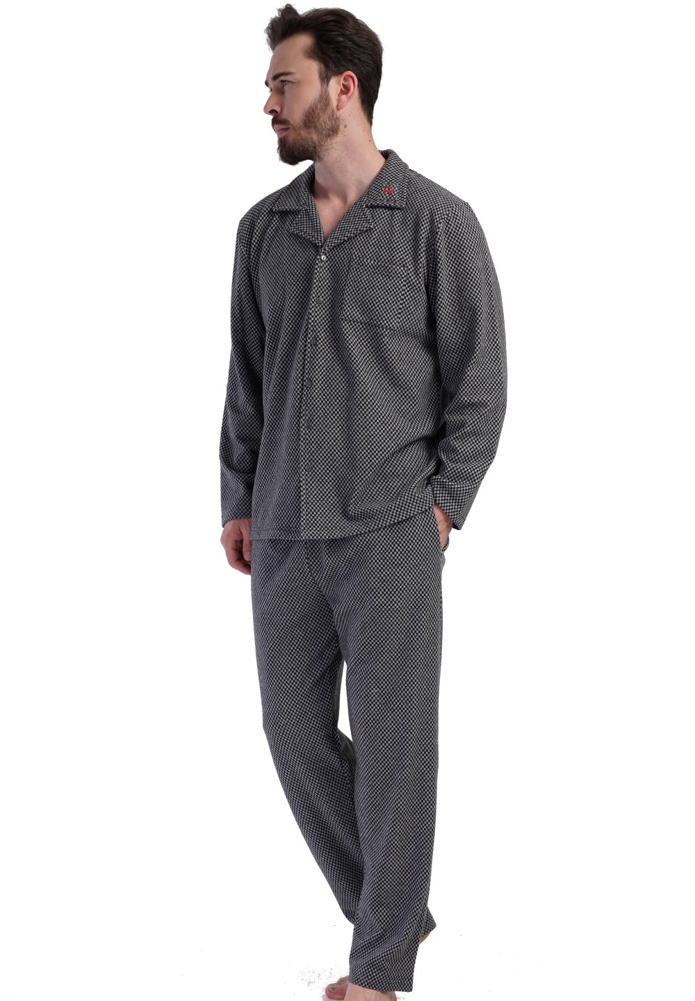 Šedé EXTRA hřejivé elegantní pyžamo pro muže z BAVLNY celopropínací na knoflíky s límečem