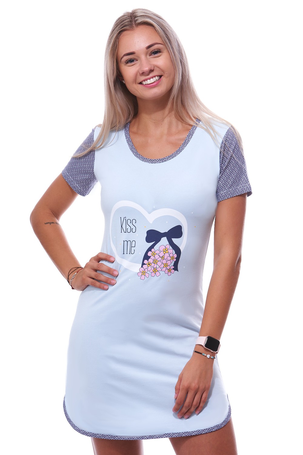 Modrá luxusní noční košilka s krátkými rukávy pro ženy či dívky KISS ME