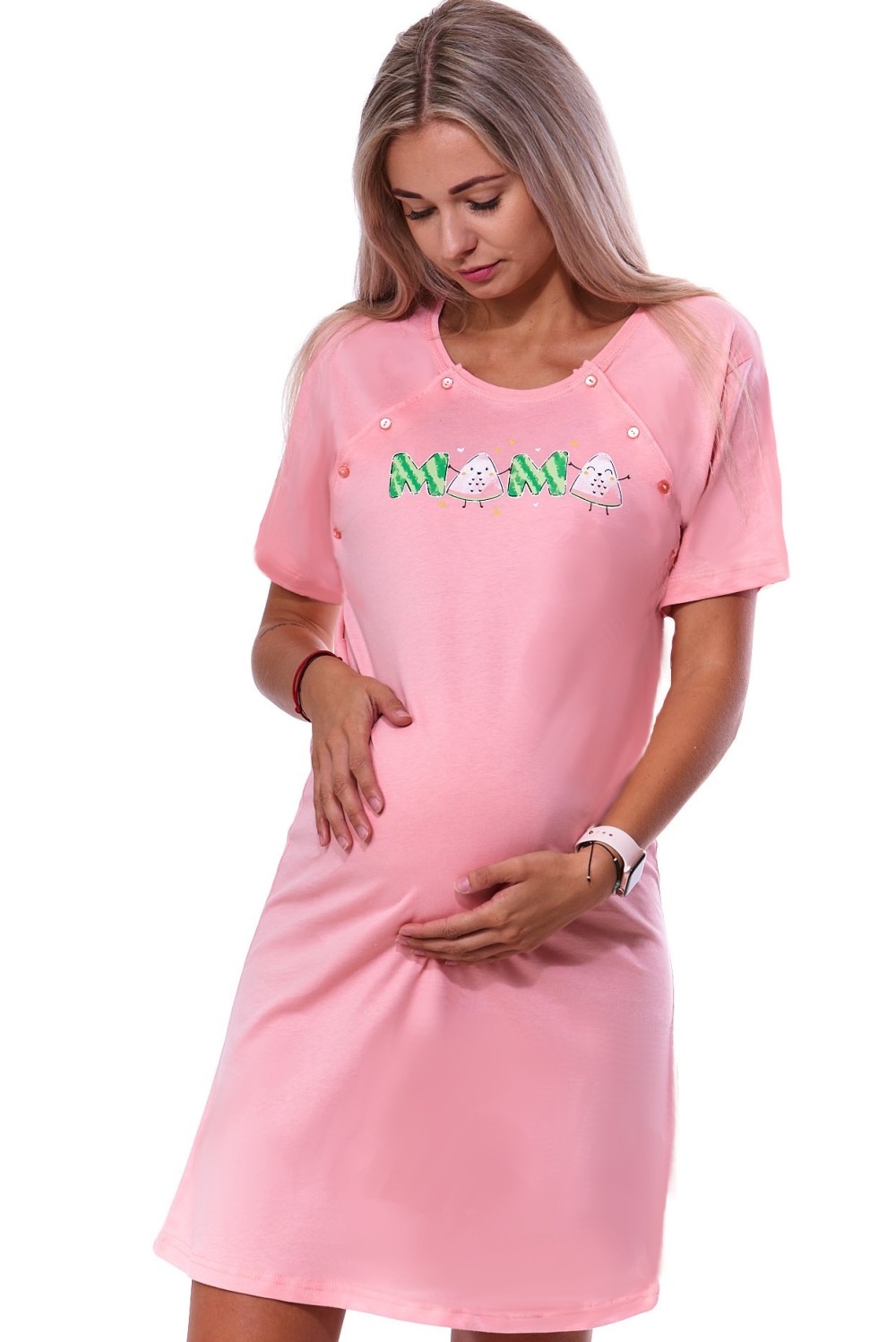 Růžová kojící noční košilka dvojpropínací na knoflíky MÁMA a meloun