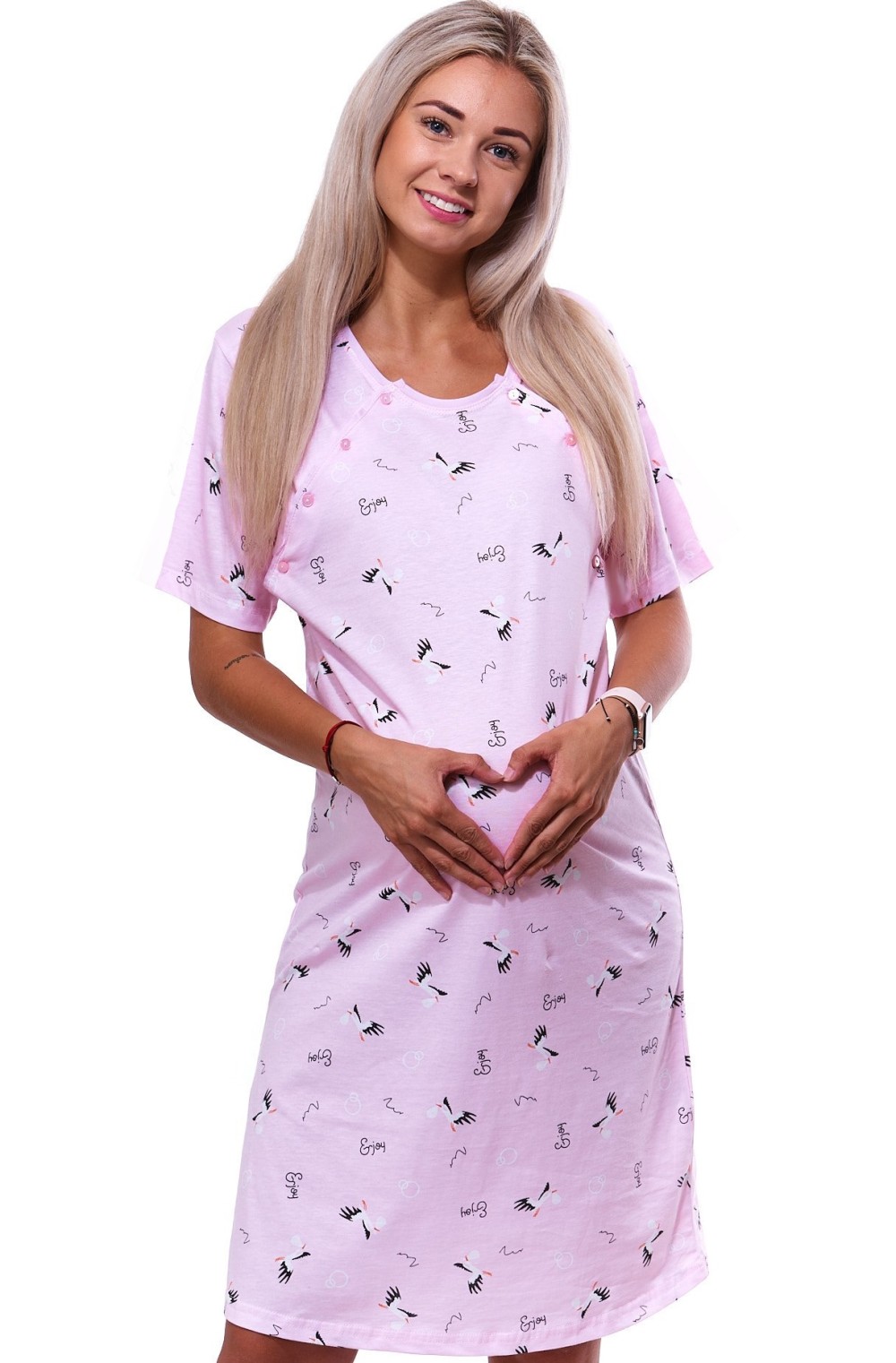 Růžová kojící noční košilka dvojpropínací na knoflíky s čápy