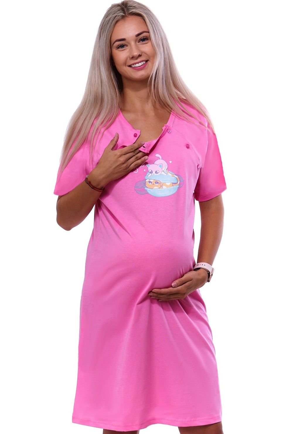 Růžová kojící noční košilka dvojpropínací na knoflíky s koťátky