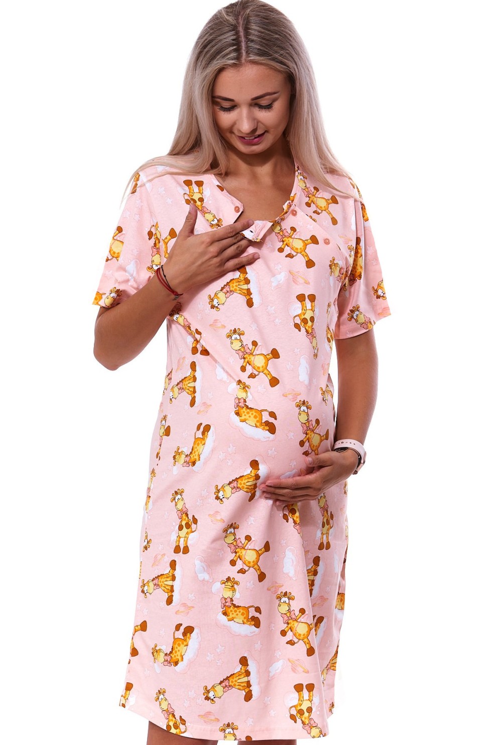 Růžová kojící noční košilka dvojpropínací na knoflíky s žirafami