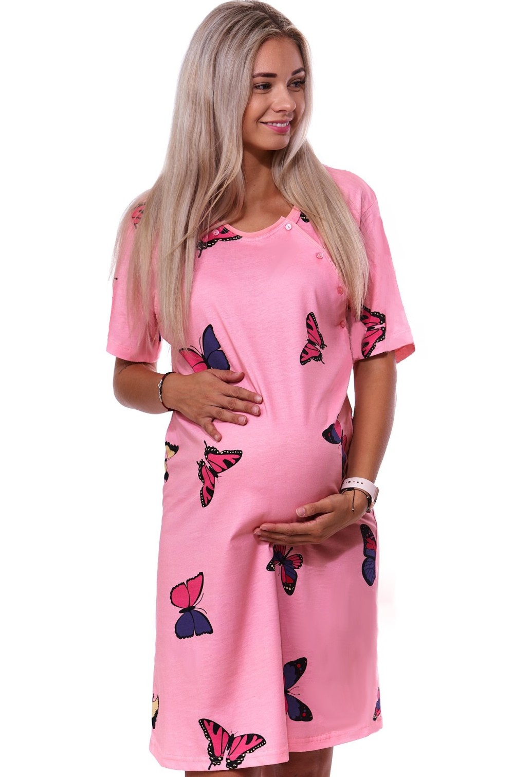 Růžová motýlí kojící noční košilka dvojpropínací na knoflíky