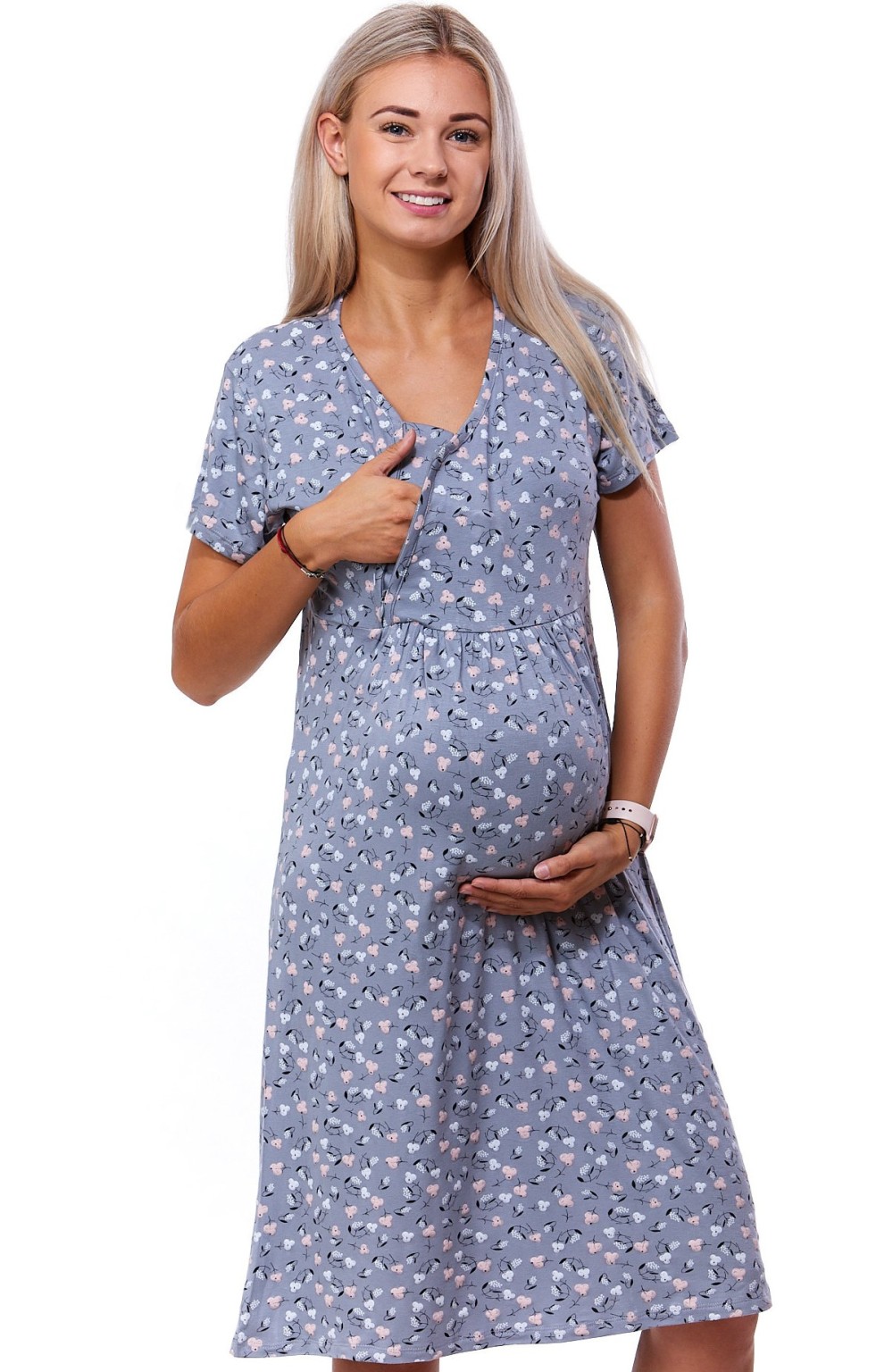 Šedá a růžově květovaná luxusní jemná těhotenská i kojící košilka na zip