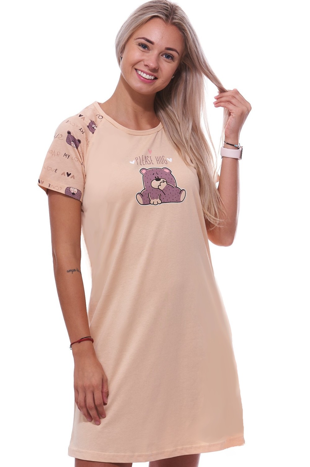 Béžová a hnědá noční košilka s krátkými rukávy pro ženy či dívky s medvědem PLEASE HUG